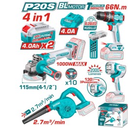 COMBO 4 EN 1. 20V TALADRO 66NM + AMOLADORA 1000W + SOPLADORA + LINTERNA + ACC 2X4.0AH INDUSTRIAL