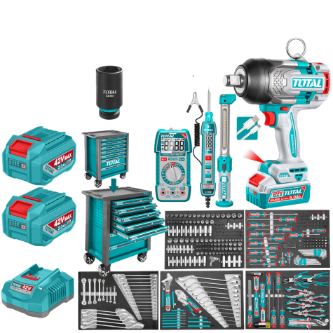 SET GABINETE 7 CAJONES + HERRAMIENTAS + LLAVE IMPACTO 20V 1350NM 3/4 288P TOTAL
