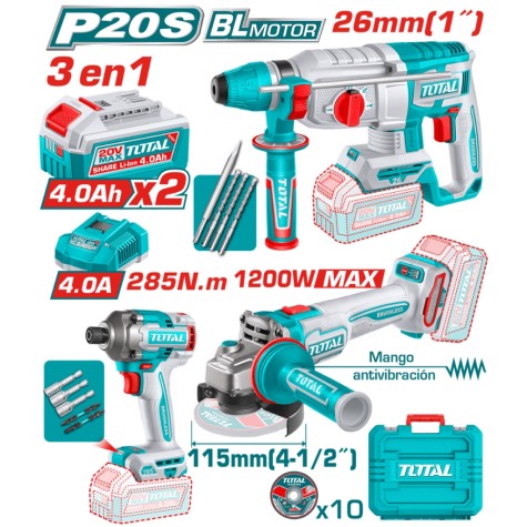 COMBO (3EN1) 20V ROTOM(26MM)+AMOL(1200W)+ATORN(285NM) 2X4.0AH +ACC Y MALETIN INDUSTRIAL -