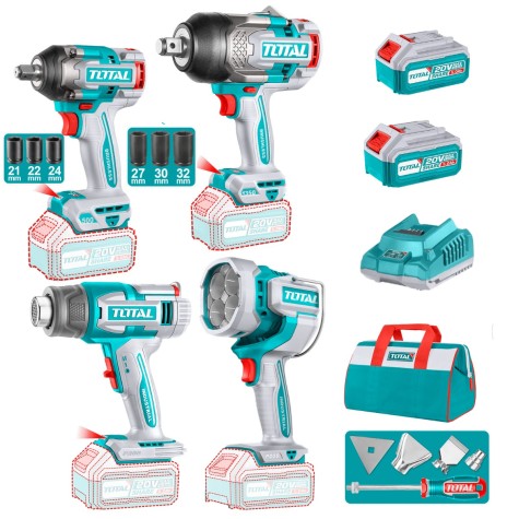 COMBO 20V LLAVE IMPACTO + PISTOLA CALOR + LINTERNA + MALETIN 2X5.0AH -