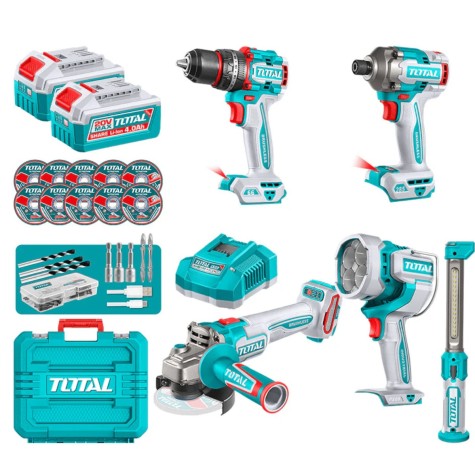 COMBO 5 EN 1 TALADRO PERCUTOR 66NM + DESTORNILLADOR DE IMPACTO 285NM + AMOLADORA 1000W + LINTERNA TOTAL -
