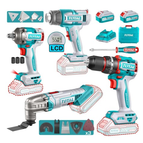 COMBO Taladro Percutor 66nm + Llave de Impacto + Pistola de calor + Herramienta Multif. Total