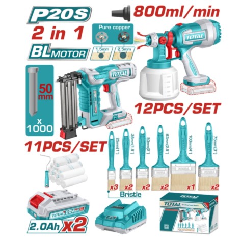 COMBO TOTAL  Clavadora 20v + Pistola para Pintura + Juego de pinceles