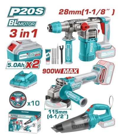 COMBO KIT Aspiradora 20v, Rotomartillo 28mm Y Amoladora 20v 2x5.0ah + Acc