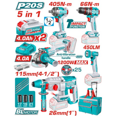 COMBO 20V (5EN1) TALAD. + LLAVE IMP. + AMOL. + ROTOM. + LINTERNA 2X4.0AH +ACC INDUSTRIAL