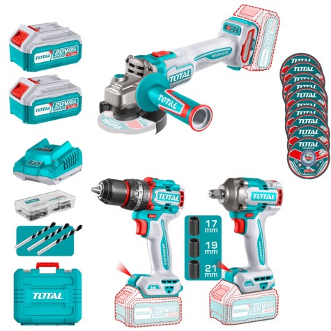 COMBO 20V AMOLADORA + TALADRO + LLAVE IMPACTO 2X4.0AH + MALETIN INDU STRIAL